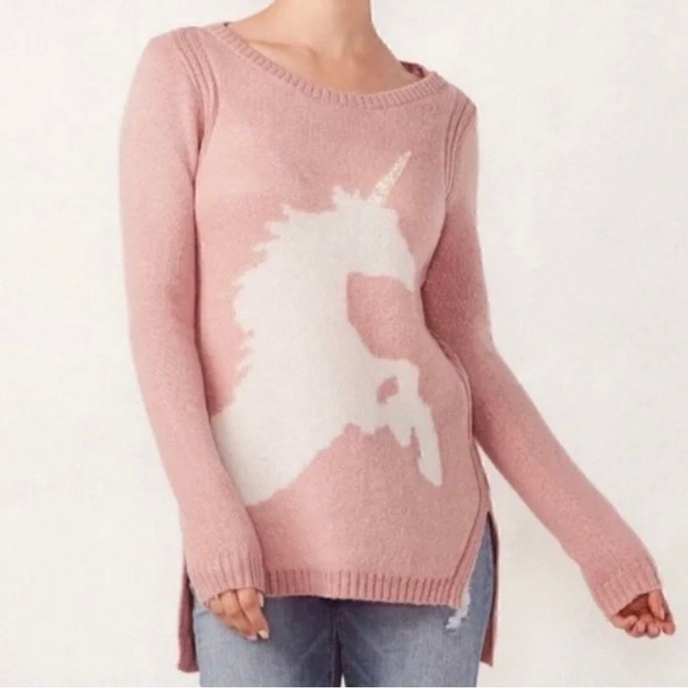 LC Lauren Conrad Pink White Unicorn Sparkle Knit Crew Neck Pullover Sweater